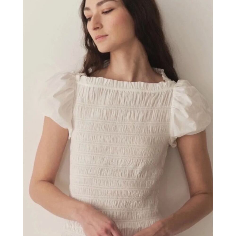 Dôen Rizzo White Smocked Mini Dress Salt White 100% Cotton Size M - Picture 2 of 9